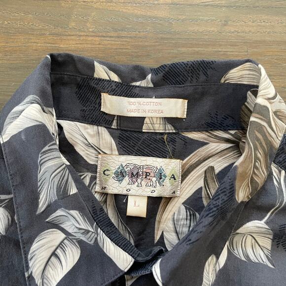 VTG Campia Moda Hawaiian Shirt Black Beige Floral Print Men’s L 100% Cotton - Picture 8 of 10
